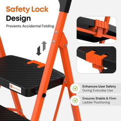 BonKaso climb easy 7 Step Foldable Steel Kitchen Ladder for Home,Office & Outdoor Use with Safety Clutch Lock,Anti-Slip Wide Steps,Support Handle & Tool Tray, Load Capacity Upto 120kg (Orange & Black)