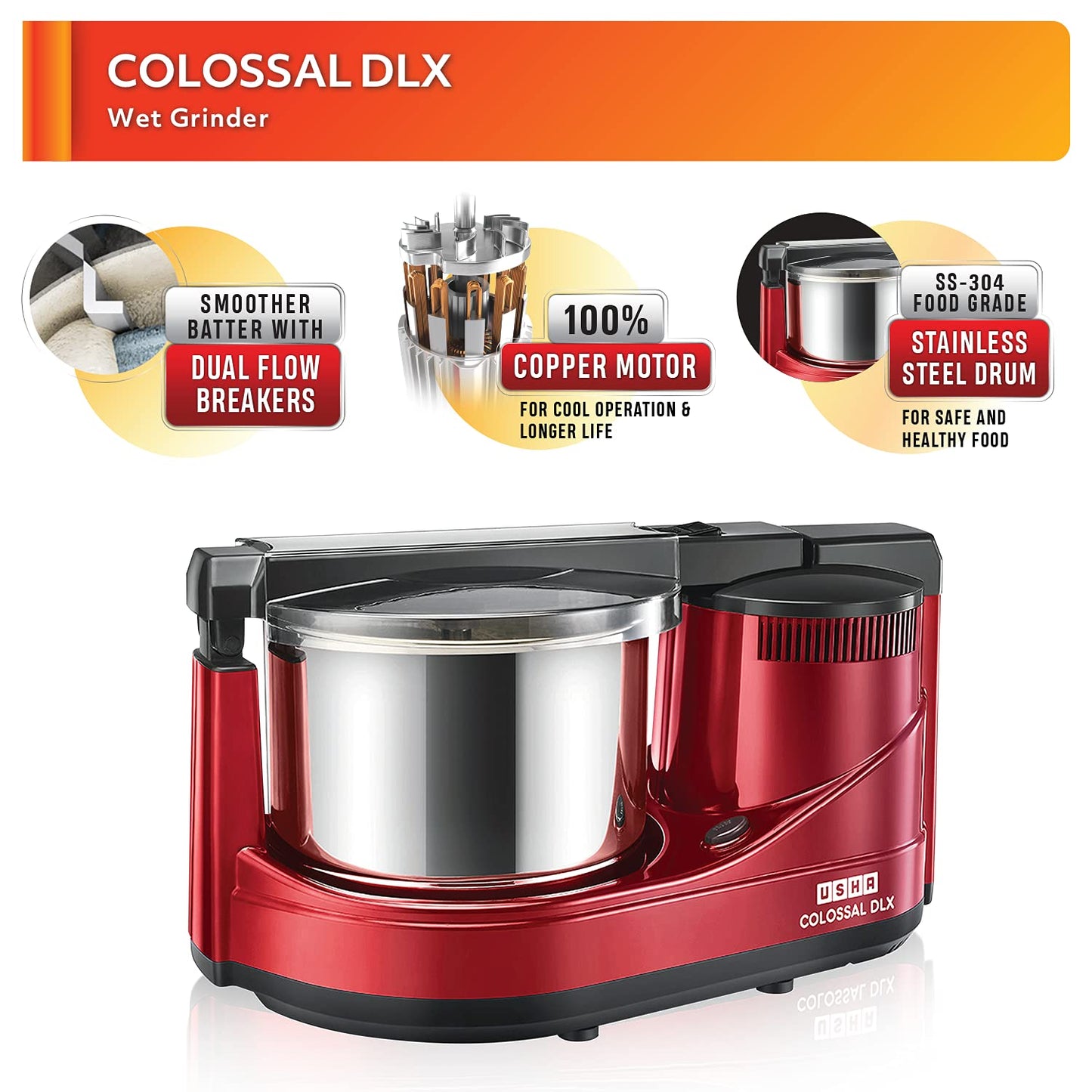 USHA ABS Colossal DLX Wet Grinder 150 W, 2 LTR, 100% Copper Motor and Dual Flow Breakers for Faster, Smooth Batter with Atta Kneader and Coconut Scrapper (Red)