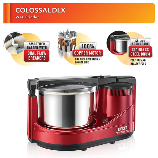 USHA ABS Colossal DLX Wet Grinder 150 W, 2 LTR, 100% Copper Motor and Dual Flow Breakers for Faster, Smooth Batter with Atta Kneader and Coconut Scrapper (Red)