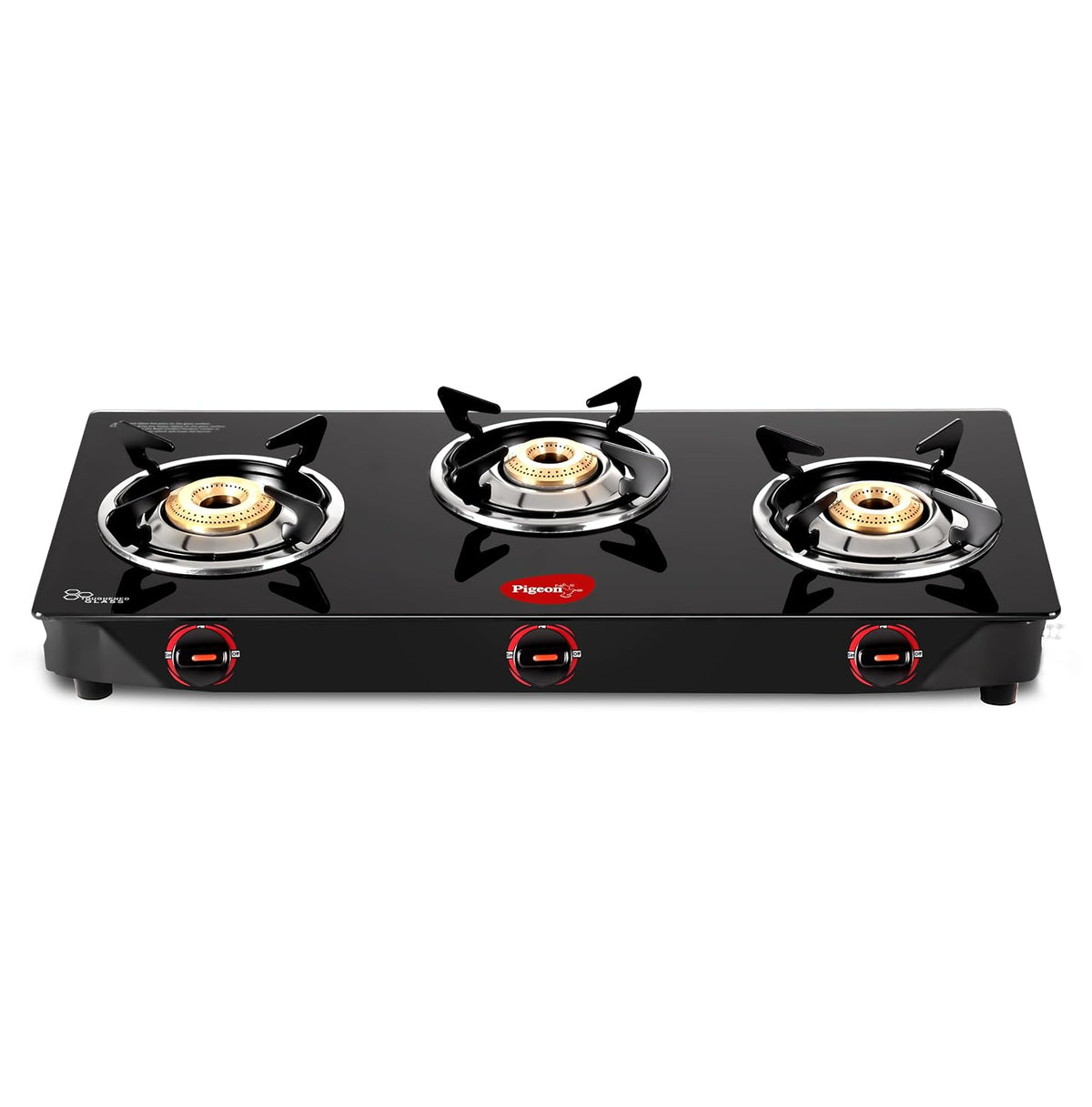 Pigeon Ignia 3 Burner Gas Stove with Open Heating Element, Black, Toughened Glass, Easy Cleaning, 2-Year Warranty