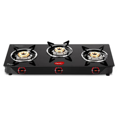 Pigeon Ignia 3 Burner Gas Stove with Open Heating Element, Black, Toughened Glass, Easy Cleaning, 2-Year Warranty