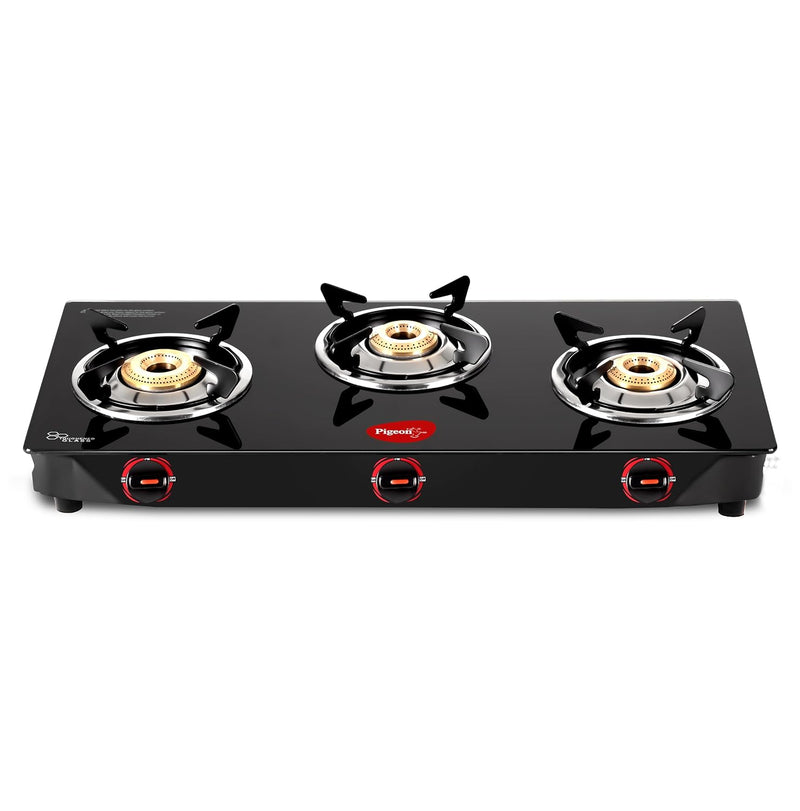 Pigeon Ignia 3 Burner Gas Stove with Open Heating Element, Black, Toughened Glass, Easy Cleaning, 2-Year Warranty