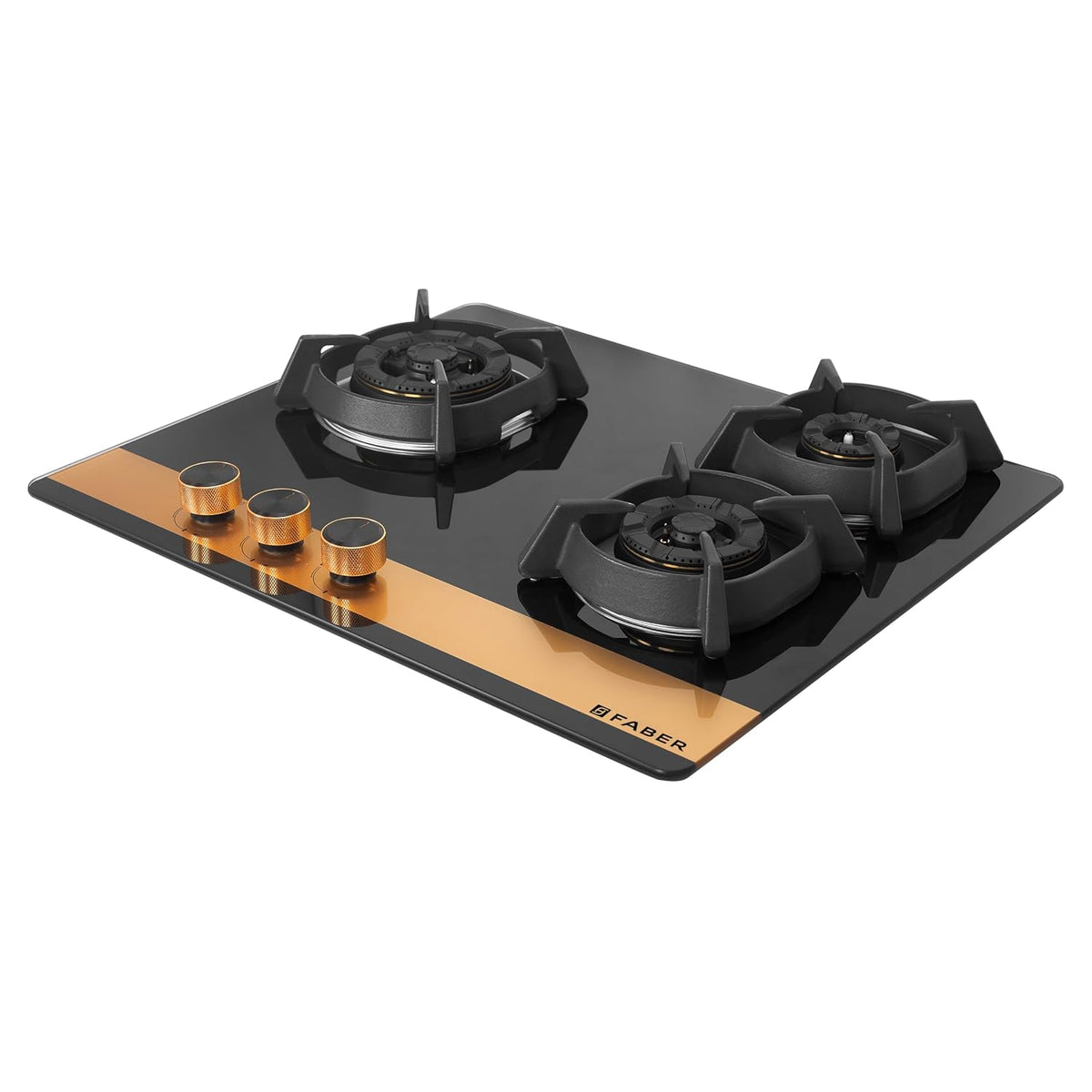 Faber 60cm 3Burner Gas Hob | Flame Failure Device | Cast Iron Pan Support | Metal Knobs | Dual Flame Burner | 8mm Toughe