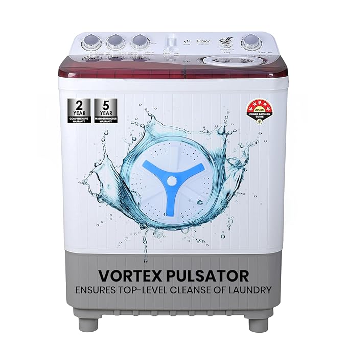 Haier 8.5 Kg 5 Star Oxyi Dry Technology Semi Automatic Top Loading Washing Machine (HTW85-186, Anti Bacterial Vortex Pulsator, Magic Filter, Rat Mesh, Maroon, White)