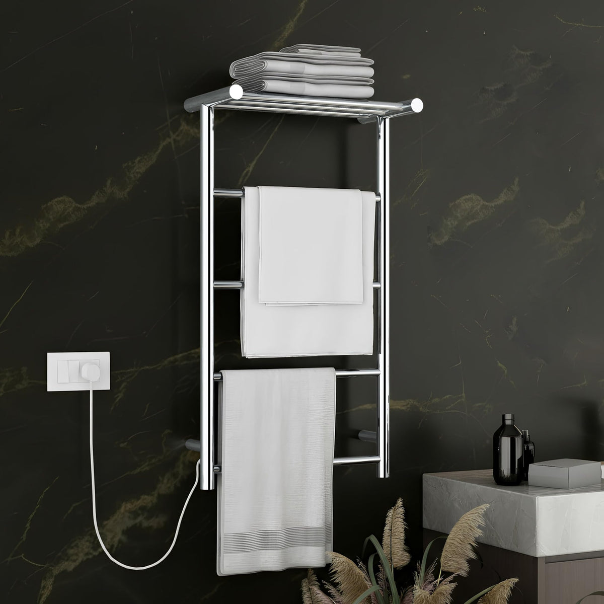 Plantex /304 Grade Stainless Steel Electric Heated Towel Rail for Bathroom/4-Bar Wall Mounted Towel WarmerTowel Bar/Fast Heating & Rust Proof - (Chrome, 900mm X 500 X 250mm)-1