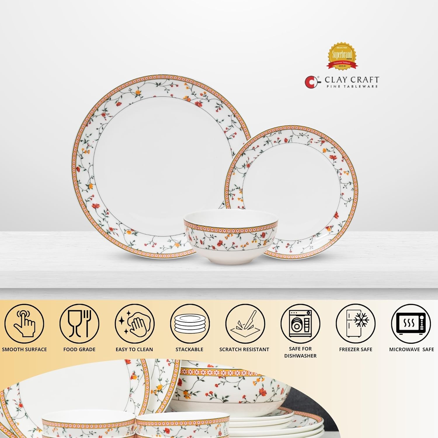 Clay Craft Fine Ceramic Eco Dinner Set, Enchanting Gold, for Family of 4, Dinner Set Ceramic, Crockery Set, Dining Set for Dinner, Crockery Set for Gift, Kitchen Set (ECO1, 12 Pieces)