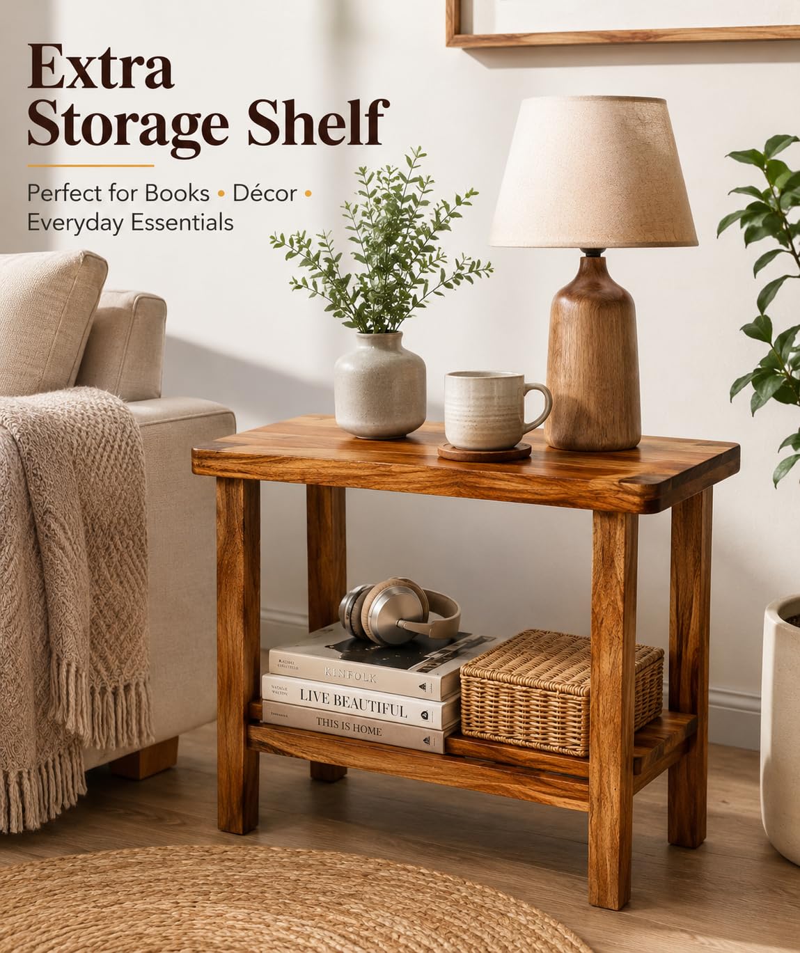Solid Sheesham Wood C Shape Side Table for Living Room | Modern Sofa End Table | Wooden Laptop Table for Bed | 