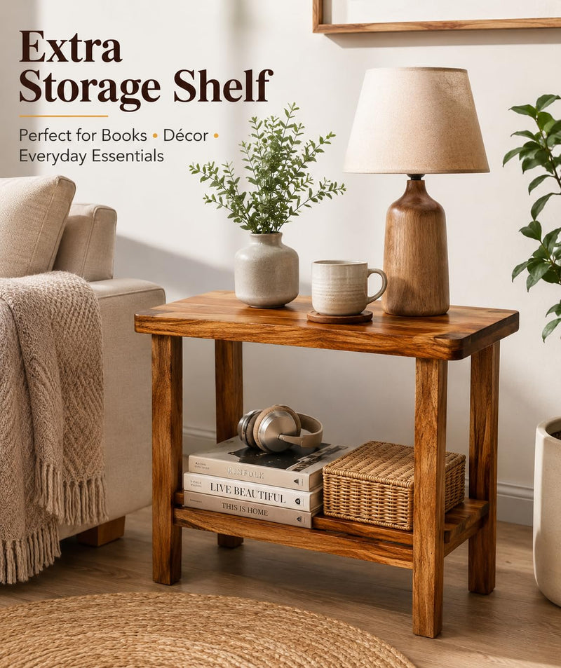 Solid Sheesham Wood C Shape Side Table for Living Room | Modern Sofa End Table | Wooden Laptop Table for Bed | 