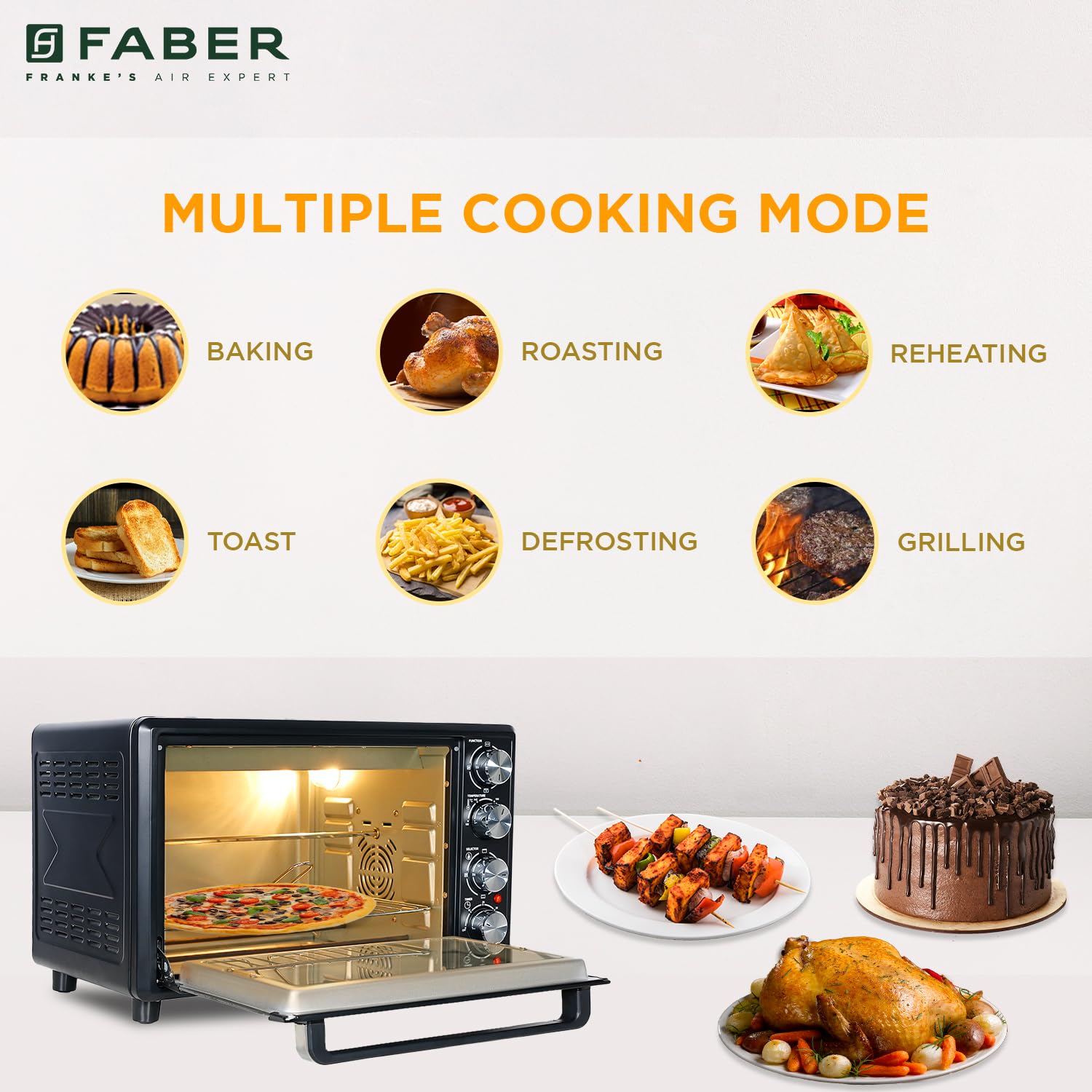 Faber 34L Double Glazed 1600W OTG|Bake, Toast, Roast, Grill|6 Functions, Upper & Lower Heating, Rotisserie, 360° Convection,Crumb Tray, Double Glaze Glass|Bake Plate, Pizza Plate, Silicon Gloves|Black