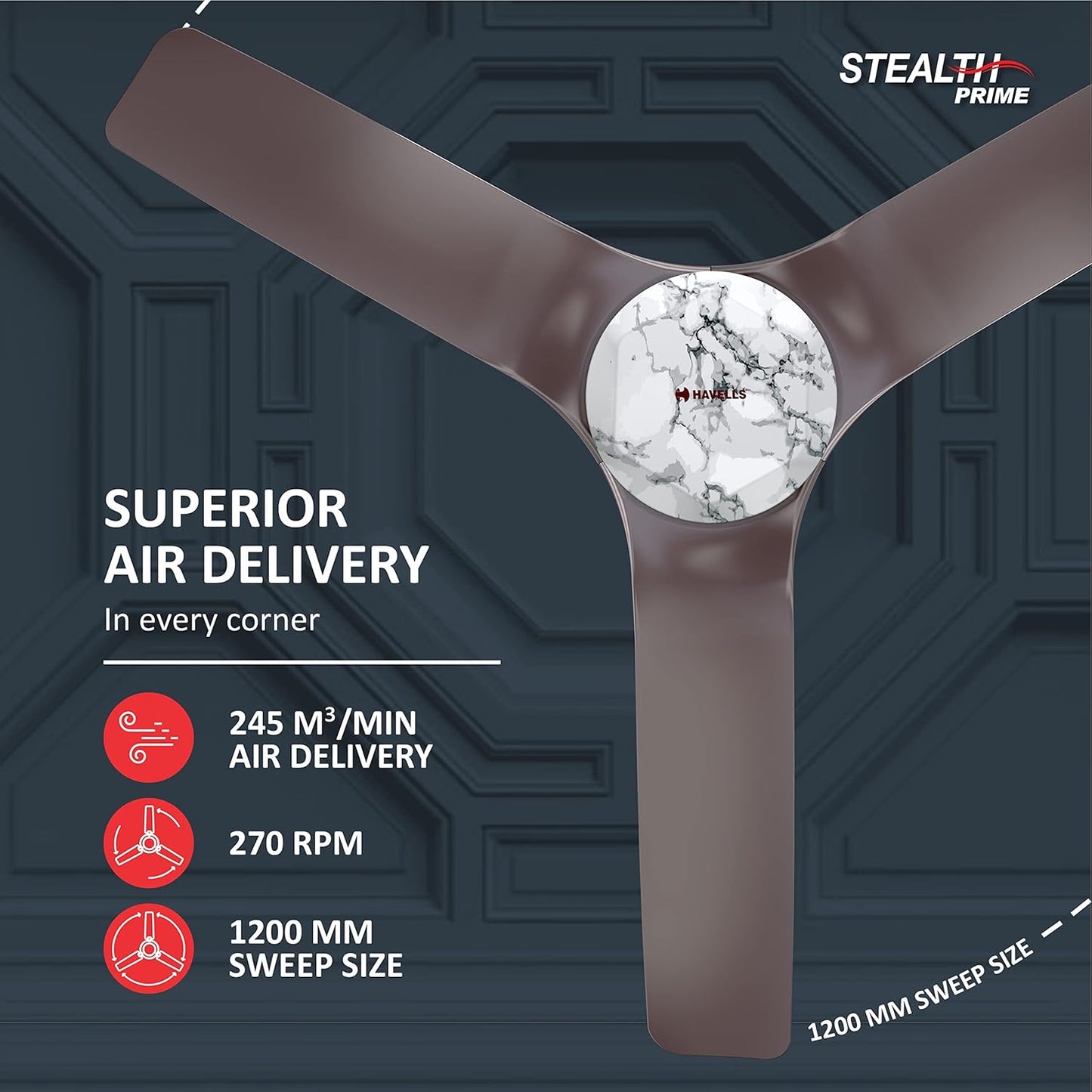 Havells 1200Mm Stealth Prime Bldc Motor Ceiling Fan|Most Silent&Premium, 5 Stars With Rf Remote, 100% Copper|Upto 55% Energy Saving, Timer, Memory Backup|(Pack Of 1, Marbel Dusk)