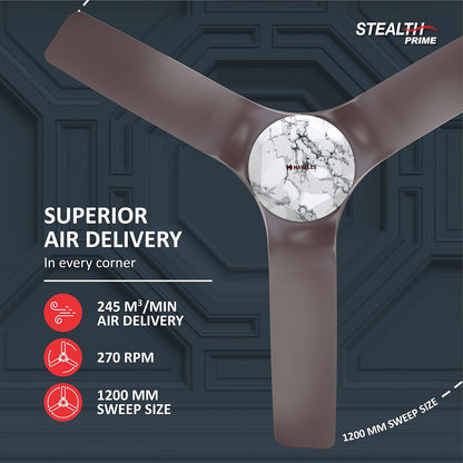 Havells 1200Mm Stealth Prime Bldc Motor Ceiling Fan|Most Silent&Premium, 5 Stars With Rf Remote, 100% Copper|Upto 55% Energy Saving, Timer, Memory Backup|(Pack Of 1, Marbel Dusk)