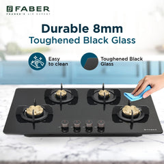 Faber 4 Burner 90Cm HOB |Auto Ignition| HOB PRIME HT904 CRS BR CI AI |Metal Knobs| Cast Iron Pan Support|HOB/Cooktop Hyb