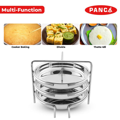PANCA Stainless Steel Dhokla Maker, Thatte Idli Maker, 3 Big Plates, 16 cm Plates Set With Stand, Fits in all Cookers, Dhokla Stand | Dhokla Plate Only | Thattu Idli Plate | Idli and Dhokla Maker | Khaman Dhokla Plate