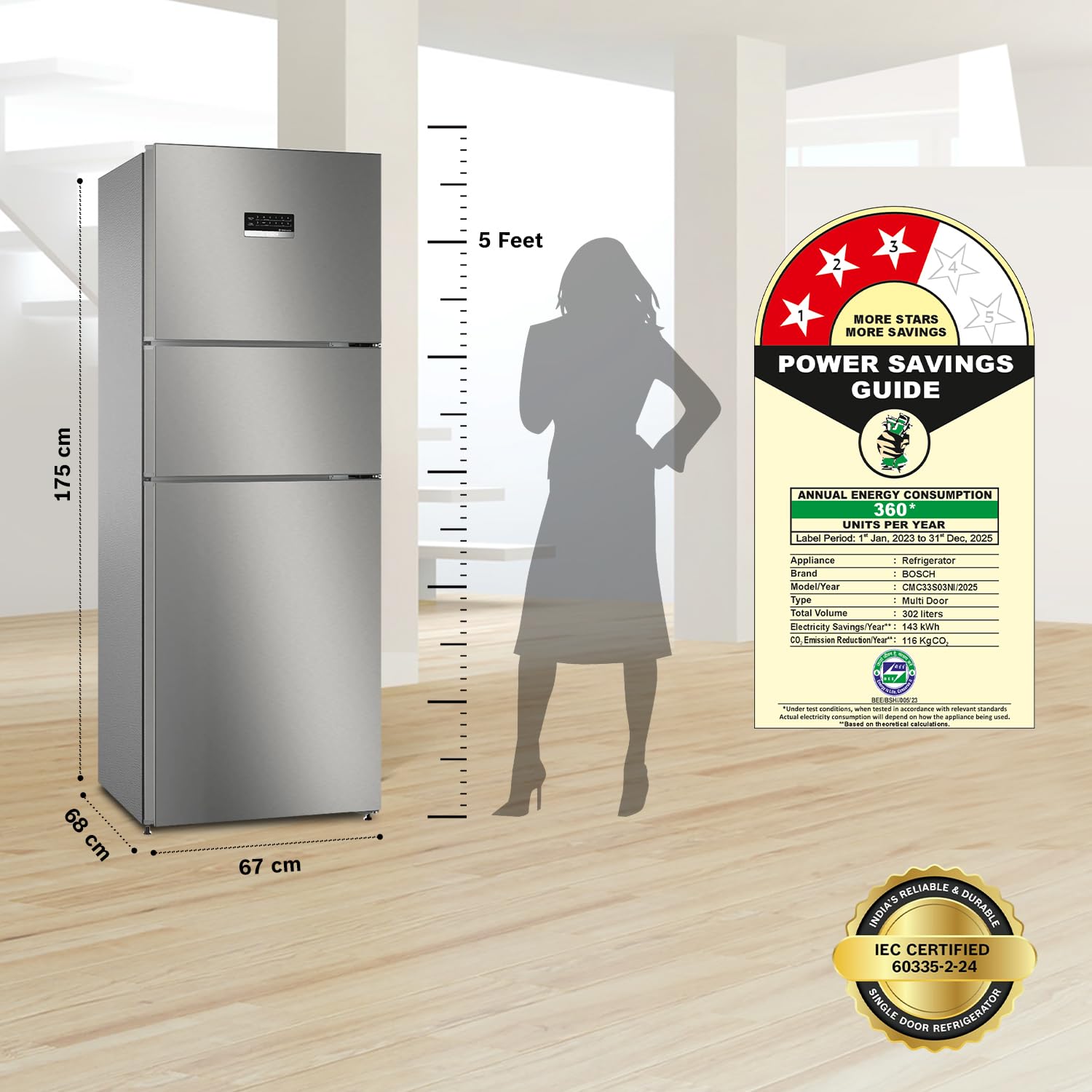 Bosch MaxFlex Convert 303L 3 Star Inverter Frost Free Triple Door Refrigerator (2023 model, CMC33S03NI, 8-in-1 Convertible, UV Protected Body Shield, VitaFresh Technology, Adaptive UI, Sparkly Steel)