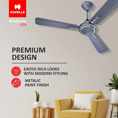 Havells 1200mm Ambrose ES Ceiling Fan|Premium Finish, Decorative Fan, Elegant Look, High Air Delivery, Energy Saving, 100% Pure Copper Motor|2 Year Warranty by Brand|(Pack of 1, Nickel Saphire) 1 Star