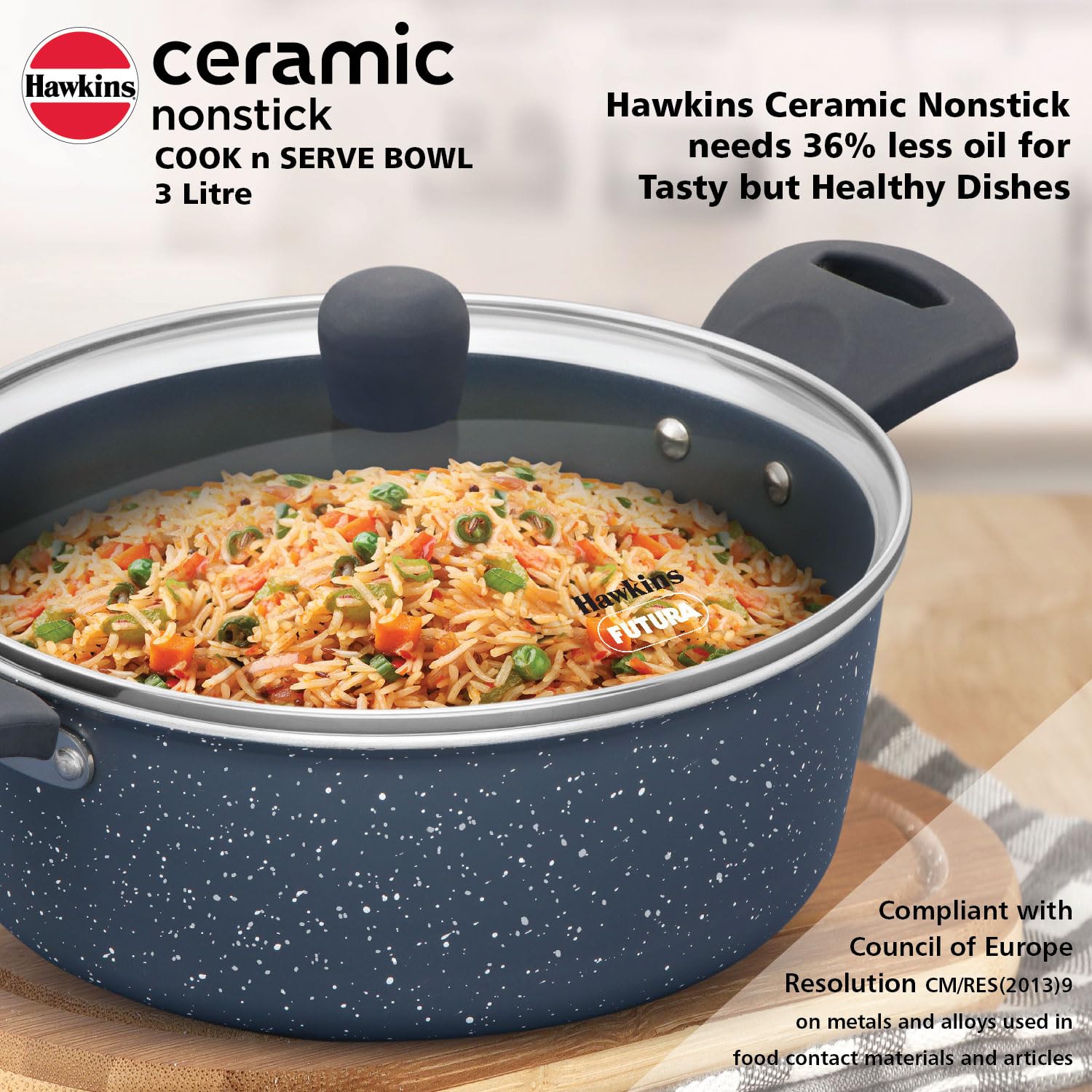Hawkins Ceramic Nonstick Cook n Serve Bowl with Glass Lid, 3 Litre, Induction Pot, Granite Casserole (ICCB30G)