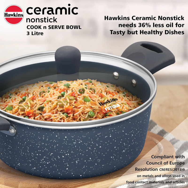 Hawkins Ceramic Nonstick Cook n Serve Bowl with Glass Lid, 3 Litre, Induction Pot, Granite Casserole (ICCB30G)
