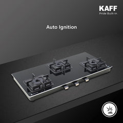 KAFF Gas Stove/Cooktop 3 Burners 77 CM, Black Coated Brass Burners With Auto Electric Ignition, Decorative SS Moulded Strip on All Sides for Edge Protection Black | CTQ773BAI