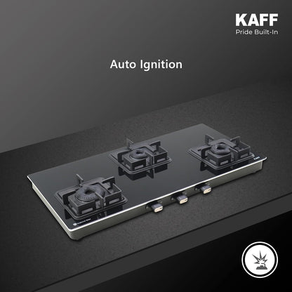 KAFF Gas Stove/Cooktop 3 Burners 77 CM, Black Coated Brass Burners With Auto Electric Ignition, Decorative SS Moulded Strip on All Sides for Edge Protection Black | CTQ773BAI