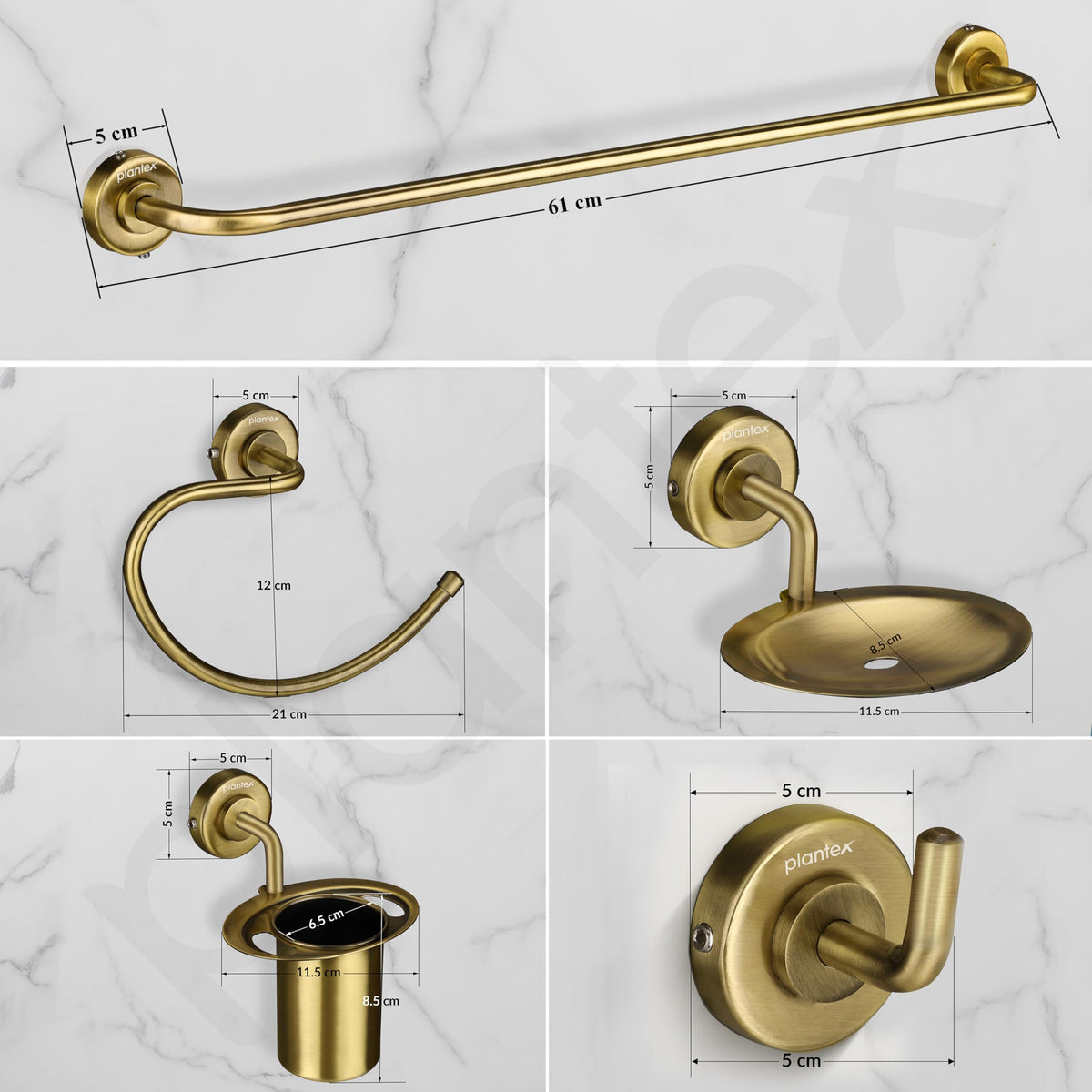 Plantex 304 Grade Stainless Steel Bathroom Accessories Set of 5 - Towel Rod/Hand Napkin Hanger for Wash Basin/Soap Case/Toothbrush Holder/Robe Hook - Daizy (Brass Antique)-2