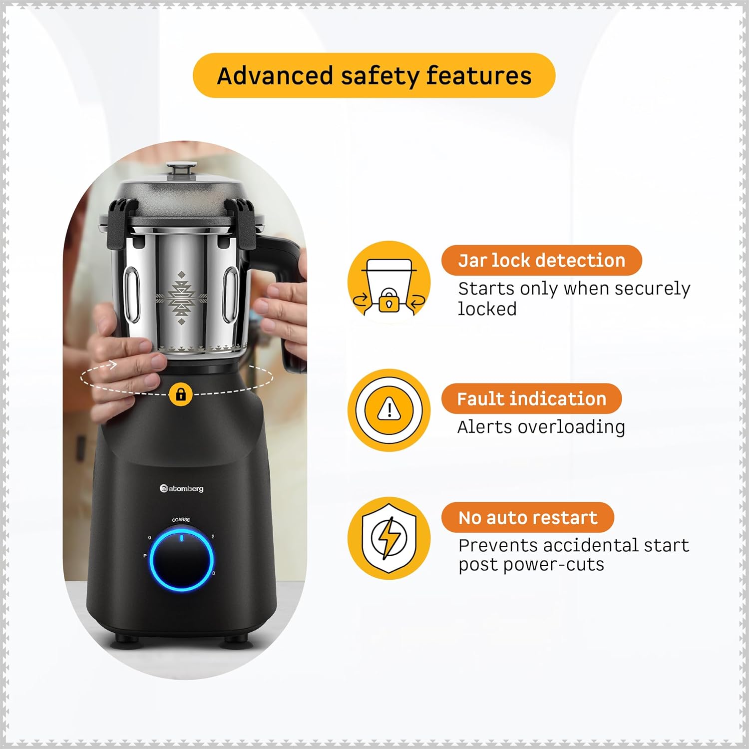 Atomberg Tavi Mixer Grinder | 𝟏𝟏𝟎𝐕 𝐎𝐧𝐥𝐲 𝐟𝐨𝐫 𝐔𝐒 & 𝐂𝐚𝐧𝐚𝐝𝐚 | Unique Coarse Mode for Silbatta-Like Texture | Intelligent 600W Motor | 4 Jars Including Chopper Jar | Matte Black