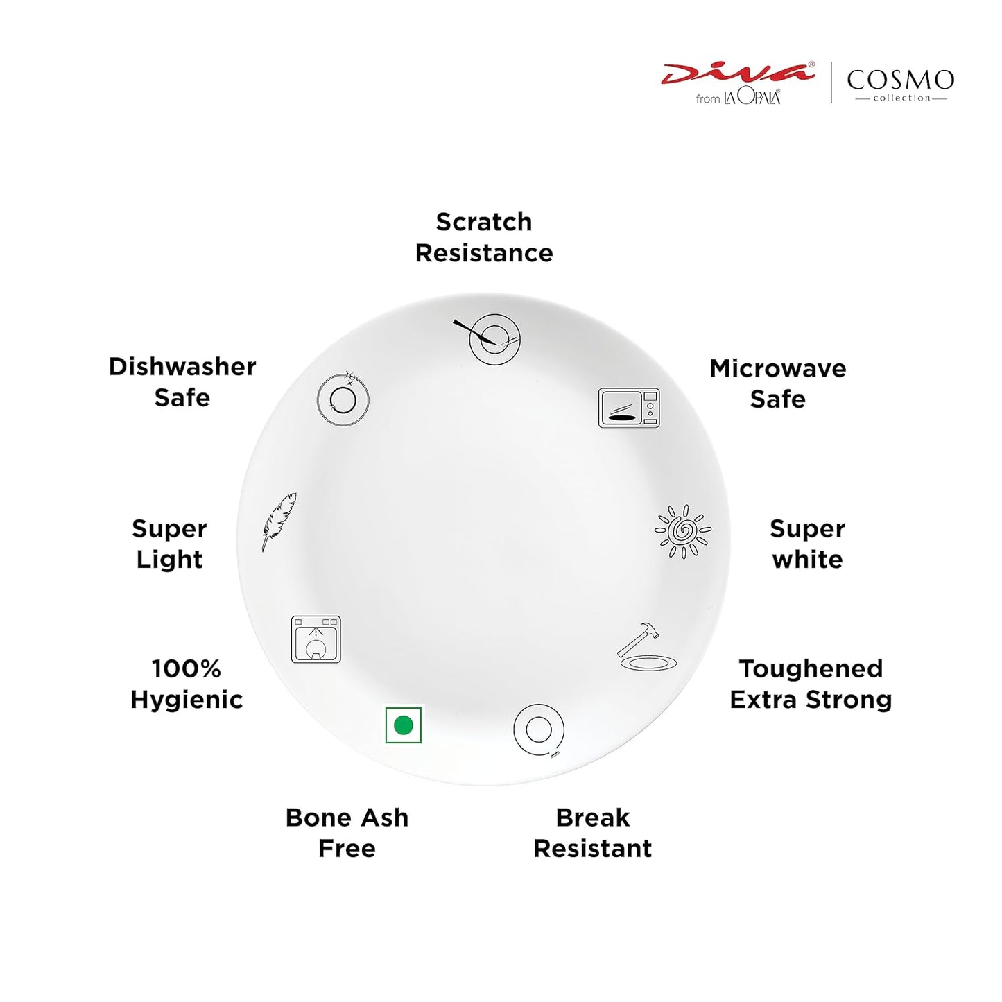 Diva by La Opala, Cosmo Collection, Opal Glass Full Plate Set 11" 6 pcs, Plainware, White