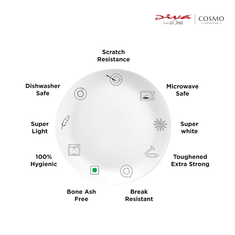 Diva by La Opala, Cosmo Collection, Opal Glass Full Plate Set 11" 6 pcs, Plainware, White