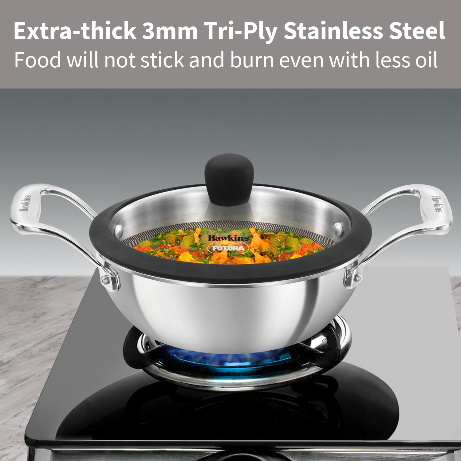 Hawkins Pro 1.5 Litre Shielded Nonstick Triply Deep-Fry Pan, Kadhai with Stainless Steel Handles and Glass Lid, Silver (PSNK15G), 18 cm