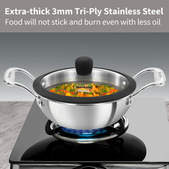 Hawkins Pro 1.5 Litre Shielded Nonstick Triply Deep-Fry Pan, Kadhai with Stainless Steel Handles and Glass Lid, Silver (PSNK15G), 18 cm