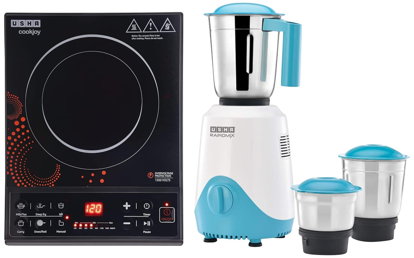 USHA Cook Joy (3616) 1600-Watt Copper Sealed Induction Cooktop (Black) & RapidMix 500-Watt Copper Motor Mixer Grinder with 3 Jars (Sea Green/White)