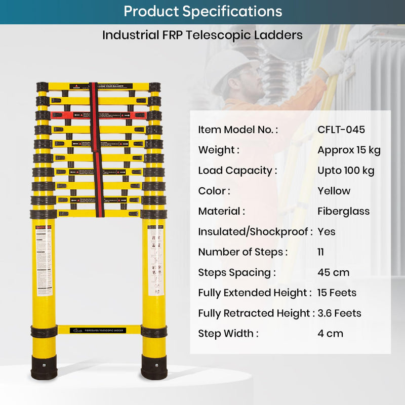 Corvids 4.5m (15 Feet) Portable & Compact Heavy-Duty FRP Telescopic Ladder with 11 Steps | Shockproof & Non-Conductive | Collapsible Multipurpose Ladder for Home, Industrial & Outdoor Use