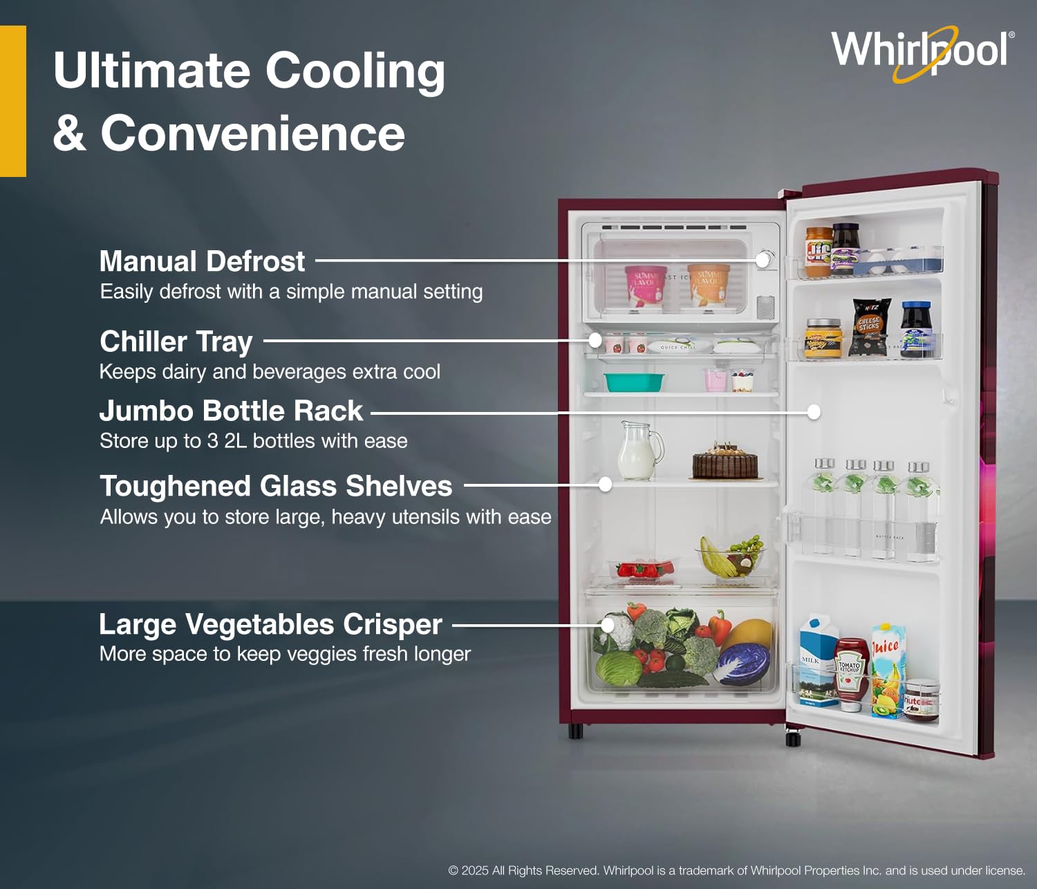 Whirlpool 184 L 2 Star Direct-Cool Single Door Refrigerator (205 WDE PRM 2S WINE SERENA-Y, Red, 2026 Model)