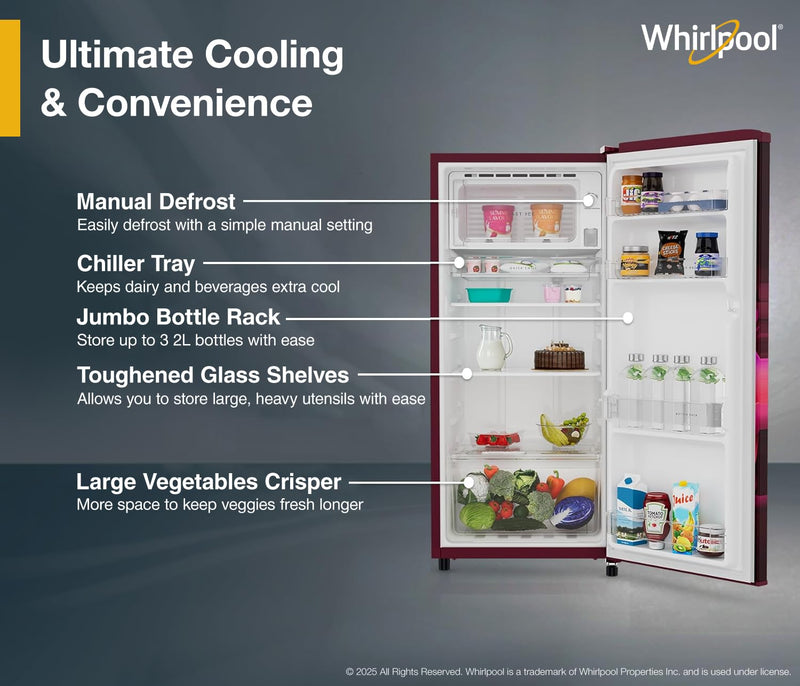 Whirlpool 184 L 2 Star Direct-Cool Single Door Refrigerator (205 WDE PRM 2S WINE SERENA-Y, Red, 2026 Model)