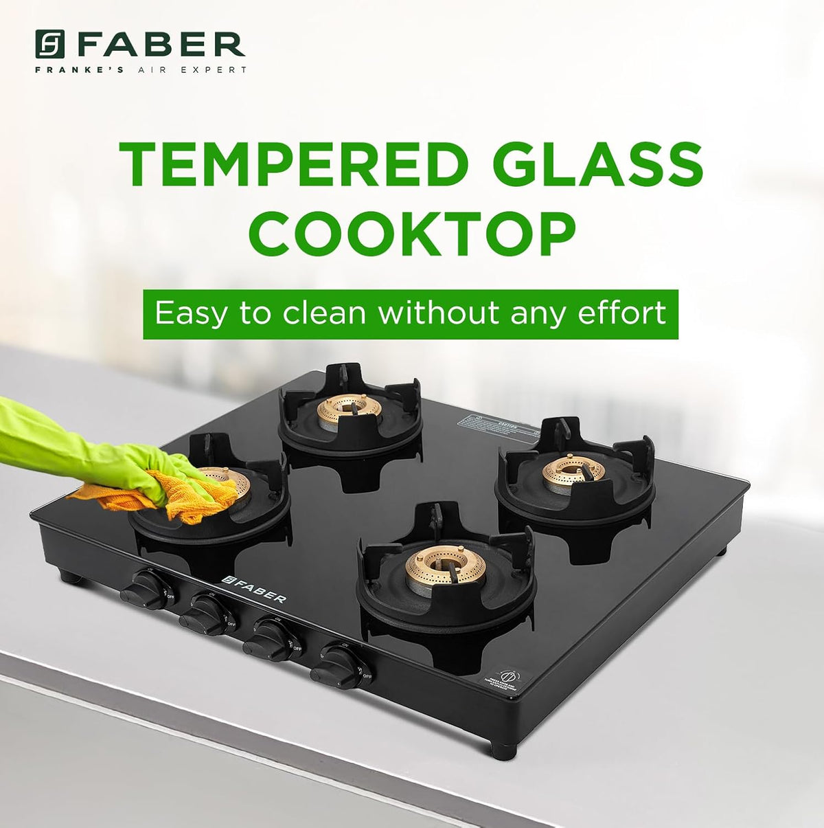Faber 4 Burner Auto-Ignition Cooktop| ONYX AI 4BB BK |Black ABS Knobs| Brass Burners| Cast Iron Pan Support| Black Glass