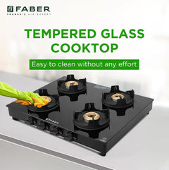 Faber 4 Burner Auto-Ignition Cooktop| ONYX AI 4BB BK |Black ABS Knobs| Brass Burners| Cast Iron Pan Support| Black Glass