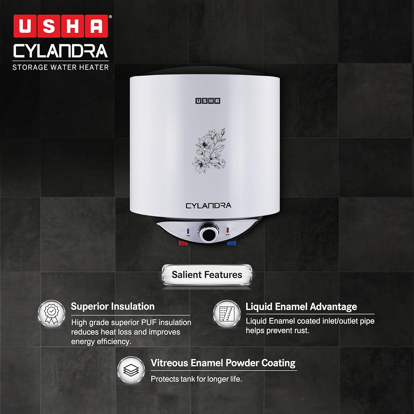 Usha Cylandra 25 Litre Storage Water Heater With Free Installation (White), Wall Mounting