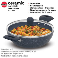 Hawkins Ceramic Nonstick 2.5 Litre Deep Kadhai, Induction Deep Fry Pan with Glass Lid, Granite Kadai (ICK25G)