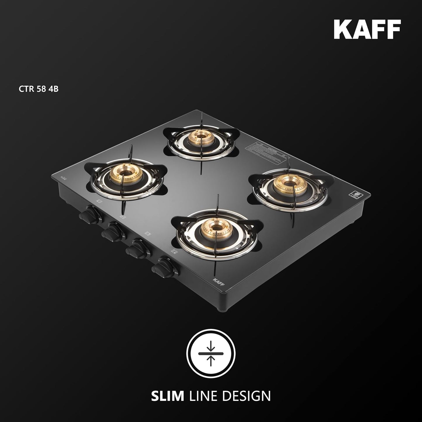KAFF Cooktop | 4 Burners with Slim Line Design 58 CM | High Efficiency Brass Burners, Black Tempered Glass | Matt Enamelled Pan Support | Black | CTR58-4B