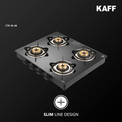 KAFF Cooktop | 4 Burners with Slim Line Design 58 CM | High Efficiency Brass Burners, Black Tempered Glass | Matt Enamelled Pan Support | Black | CTR58-4B