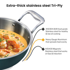 Hawkins Olive Pro 2.5 Litre Deep-Fry Pan, Triply Stainless Steel Kadhai with Stainless Steel Handles and Glass Lid, Green (POSK25G)