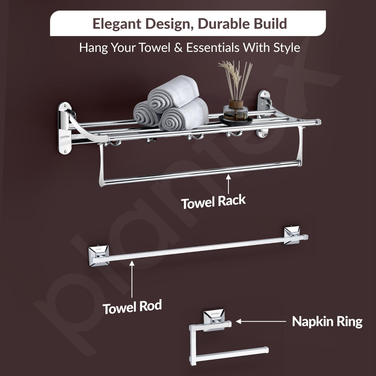 Plantex Stainless Steel Folding Towel Rack with SS - 304 Grade Squaro Bathroom Accessories Set 5pcs (Towel Rod/Napkin Ring/Tumbler Holder/Soap Dish/Robe Hook)-6