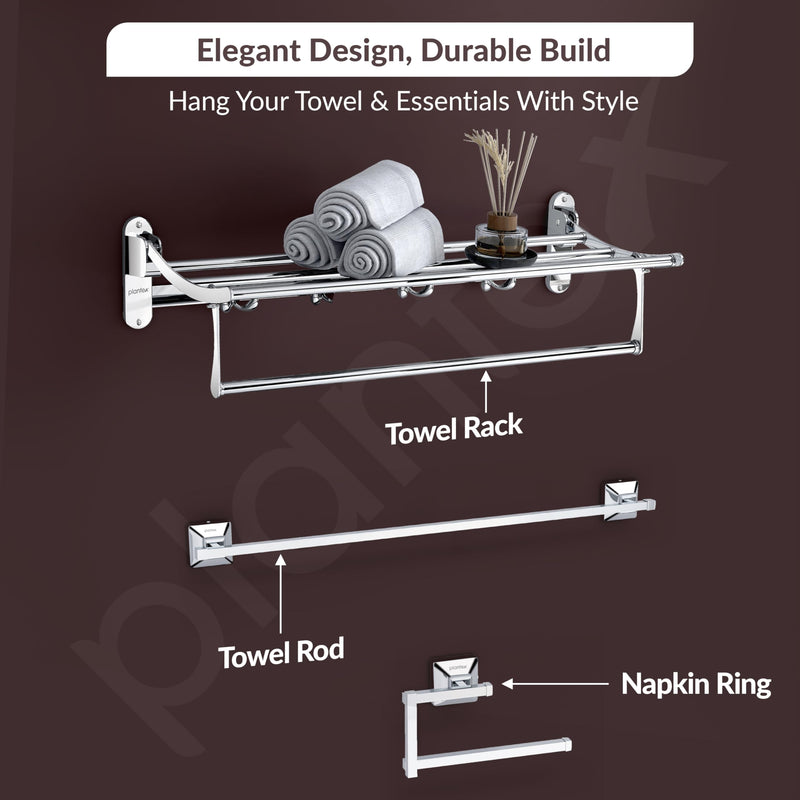 Plantex Stainless Steel Folding Towel Rack with SS - 304 Grade Squaro Bathroom Accessories Set 5pcs (Towel Rod/Napkin Ring/Tumbler Holder/Soap Dish/Robe Hook)-6