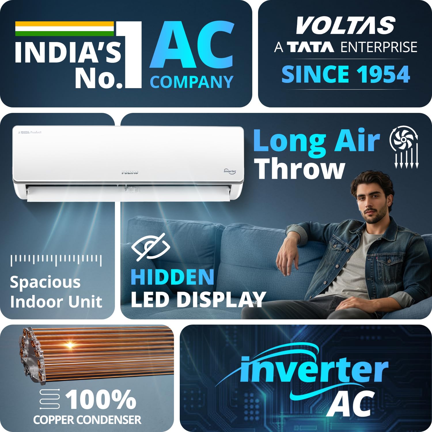 Voltas 243V Vectra CAJ 2 ton 3 star inverter Split AC |4-IN-1 Adjustable mode|Energy Efficient| Anti dust filter with Anti-microbial coating| Sleep mode | Copper Condenser Coil | White