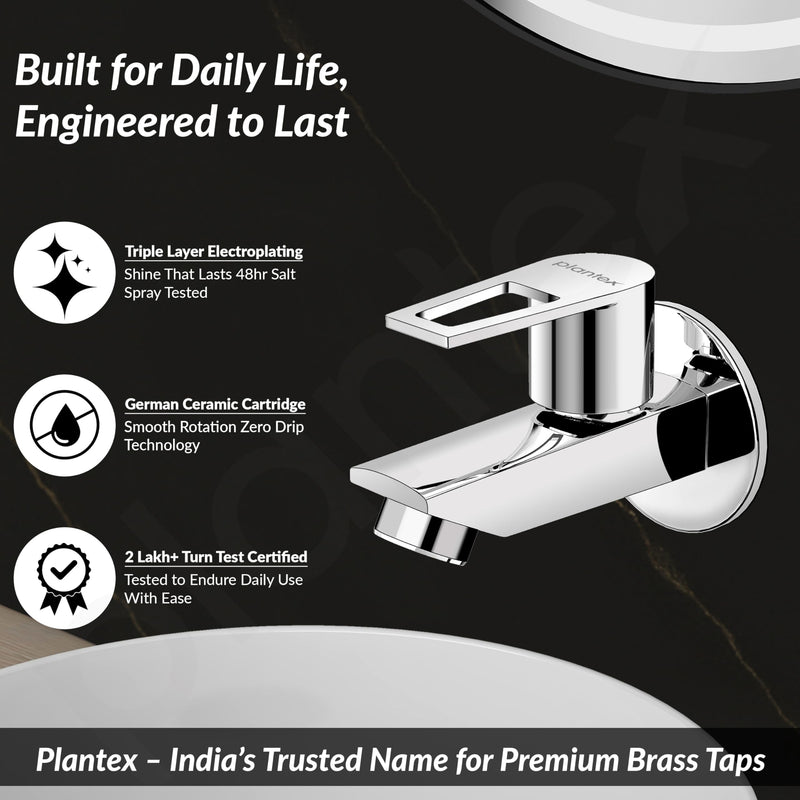 Plantex Brass Bib Cock Water Tap for Bathroom with Water Saving Aerator/Wall Mount Tap for Wash Basin with Teflon Tape & Wall Flange, Chrome (3202, Chrome)-3