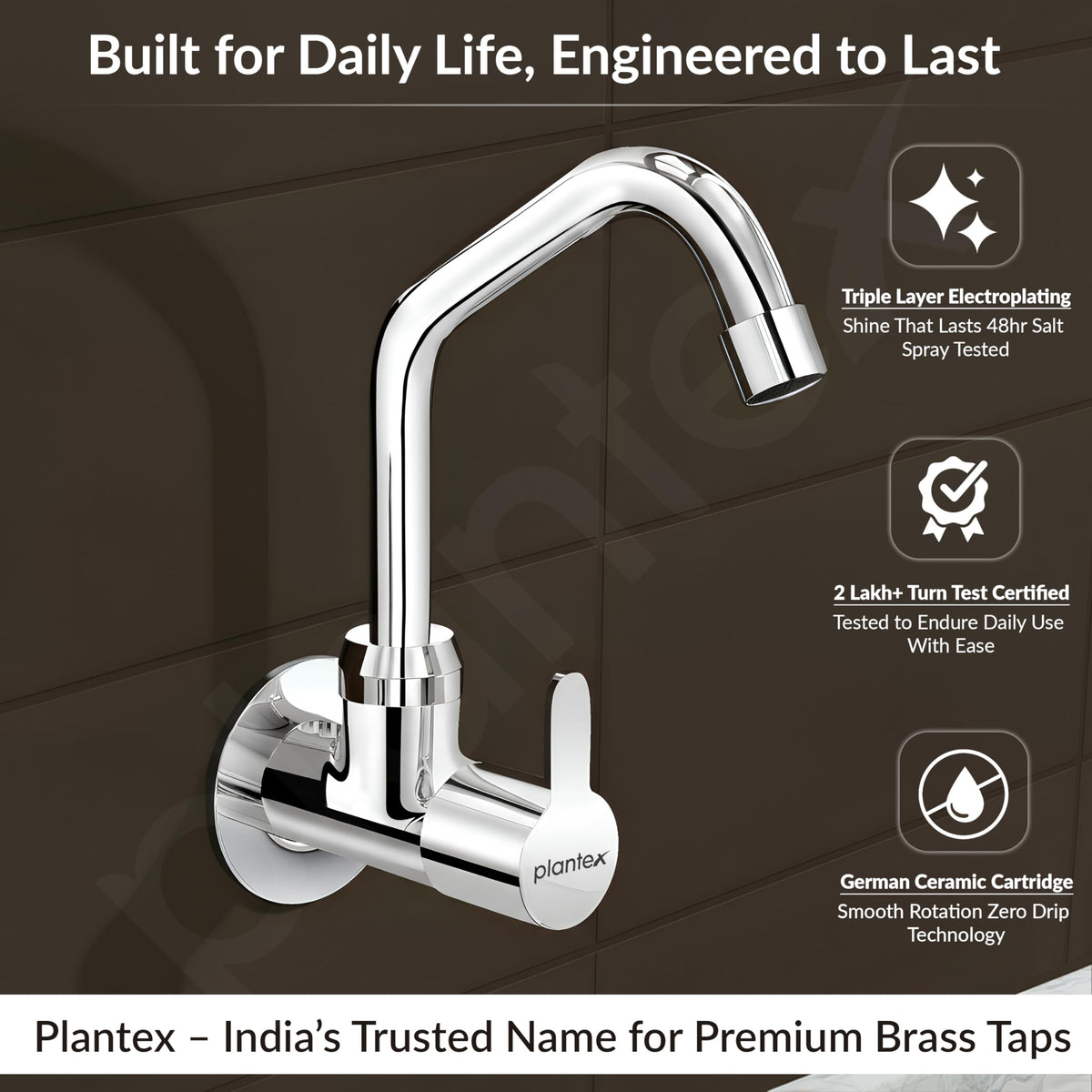 Plantex Pure Brass Kitchen Sink Tap with 360° Extended Swivel Spout/Basin Tap with Water Saving Aerator/Sink Tap for Kitchen Basin with Brass Wall Flange-7 Year Warranty (FLO-810- Chrome)-2