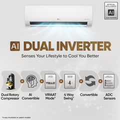 LG 1 Ton 4 Star DUAL Inverter Split AC (Copper, AI Convertible 6-in-1 with VIRAAT Mode, Faster Cooling & Energy Saving, 4 Way Swing, HD Filter with AntiVirus Protection, US-Q13JNYE, White)