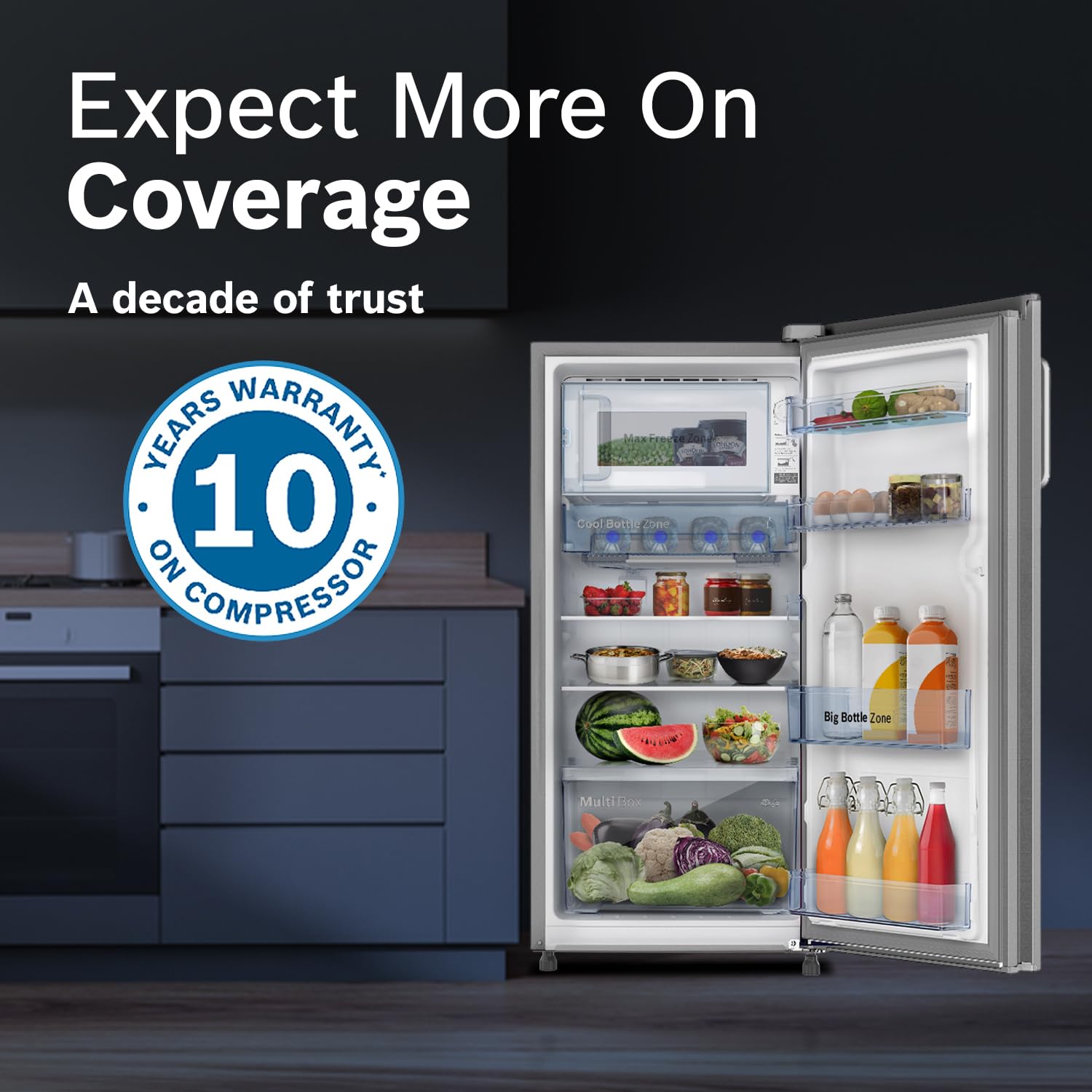 Bosch 187 L, 4 Star, Single Door Refrigerator with Industry's largest vegetable box* & Beverage space (CST18S24NI, Fine steel) 18 Hr Cooling Retention, 2.5x Faster Cooling, Smart inverter compressor