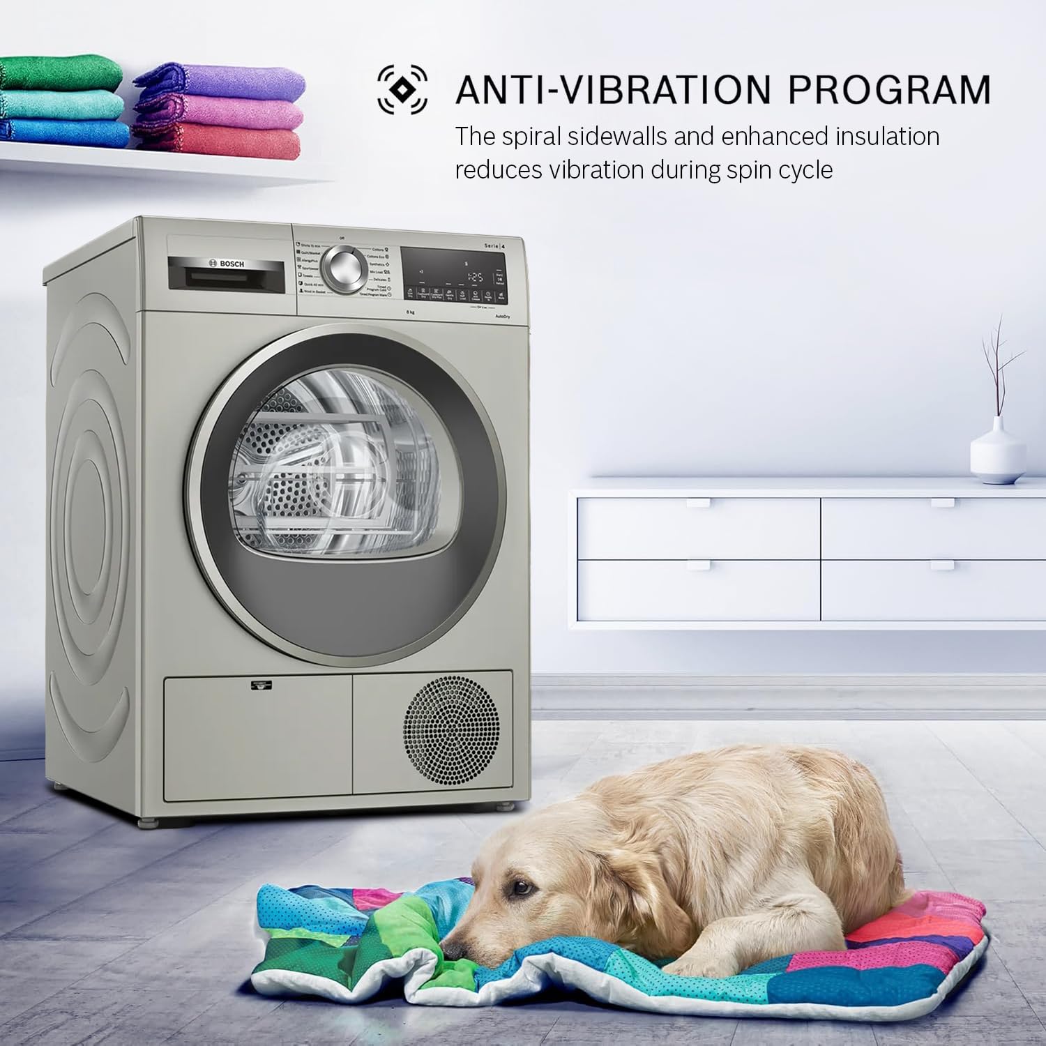 Bosch 8 kg Fully Automatic Front Load Condenser Tumble Dryer (WPG23108IN, 5 Drying Options, 14 Programs, Allergy Plus, 100% Drying with 0% Effort, Inbuilt Heater, Silver)