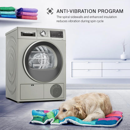 Bosch 8 kg Fully Automatic Front Load Condenser Tumble Dryer (WPG23108IN, 5 Drying Options, 14 Programs, Allergy Plus, 100% Drying with 0% Effort, Inbuilt Heater, Silver)