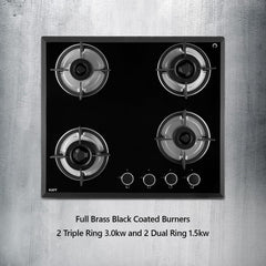 KAFF FBB 604 Built-in Hob/Hobtop 4 Burners, Auto Electric Ignition Glass Top, 60 CM, Full Brass Burner, 8 MM Thick Toughened Glass Bevelled Black Tempered Glass (Black)